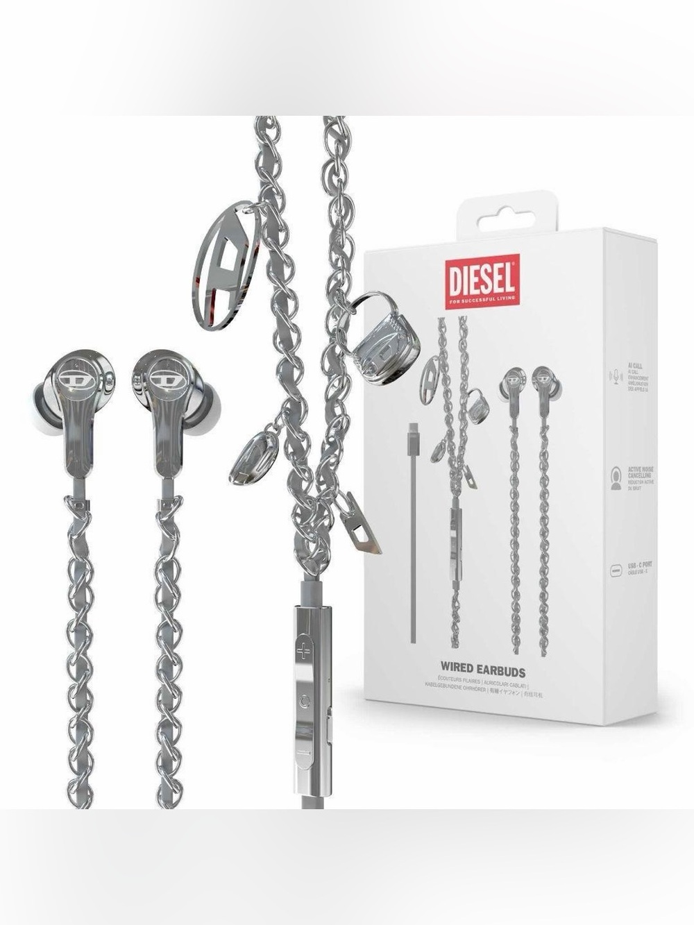 Diesel Metallic Silver Chain-Style Wired Earbuds. Completely sold out online!